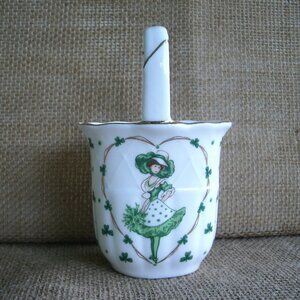 Vintage Lefton Irish Girl Shamrocks China Basket Figurine